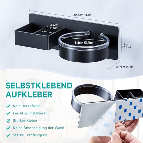 YYBO Fönhalter Ohne Bohren, Glätteisen Halterung, Föhn Halterung für Haartrockner und Glätteisen, Föhnhalter Wand, Haartrocknerhalter Wandhalterung, Selbstklebend Fönhalterung für Bad Hotel (Schwarz)