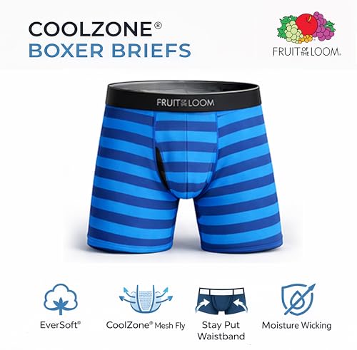 Image of Fruit of the Loom Men's Coolzone Boxer Briefs, Moisture Wicking & Breathable, Assorted Color Multipacks - 6 Pack - Assorted Stripe /Solid Large