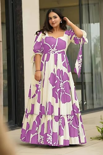 Image of Modestouze Attires Women's Floral Pattern Rayon Blend Maxi Dress with Sweetheart Neck Half Puff Sleeve Floor Length and Zipper Closure Type | Maxi Dress for Women Stylish | Dress for Women