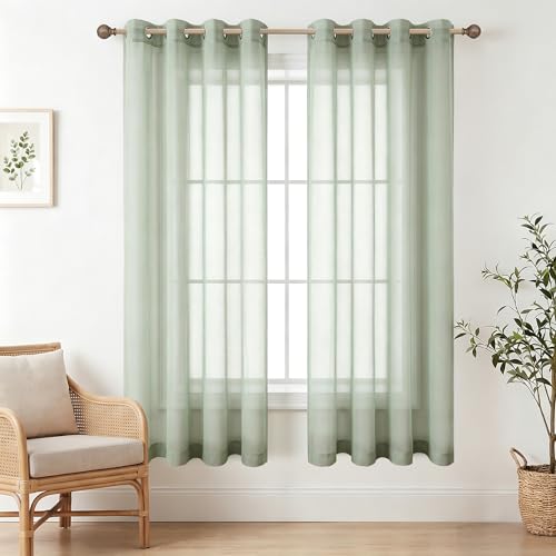 Light Green Sheer Curtains 63 Inches Long for Bedroom, Grommet Light Weight Cottage Core Soft See Through Faux Linen Voile Window Panel Drapes for Kids Room Living Room 52x63 Inch Length, Sage Green