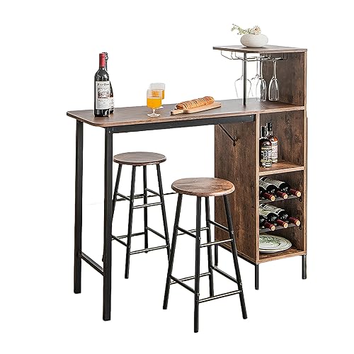 Bartisch Set Mit 2 Barhockern – Industrie-Design, Schwarz, Mit Weinglashalter & Ablage, 100 Kg Tragkraft