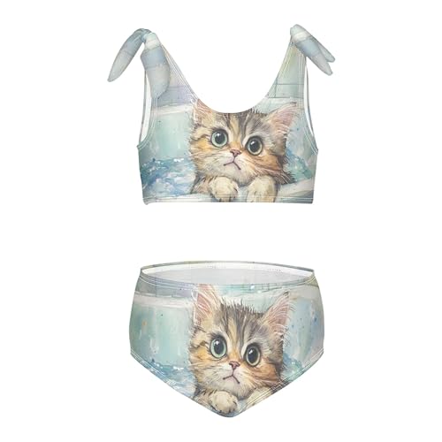 Watercolor Kitty Cat in Tub Girls Bikini Sets 2 Piece Swimsuits Bathing Suit Swimwear