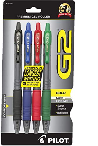 PILOT G2 Premium Refillable & Retractable Rolling Ball Gel Pens, Bold Point, Assorted Color Inks.4-Pack (31255)