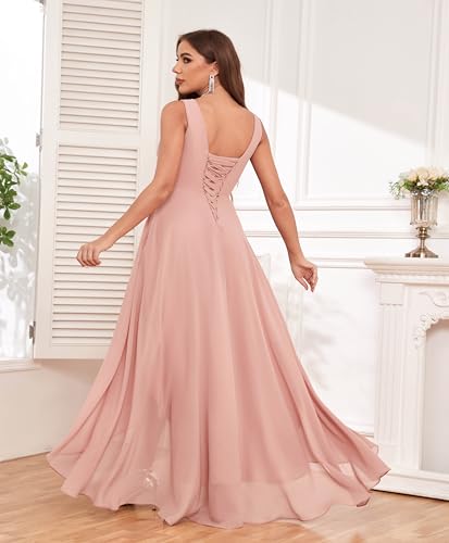 High Low Bridesmaid Dress V Neck Chiffon A Line Long Formal Dresses Evening Gowns with Pockets2