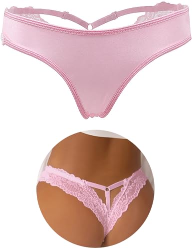 ohyeah Womens Thong Underwear, Pink Sexy Lace G-string Thongs for Women Cotton Crotch Lingerie Panties V String Panty XS-S