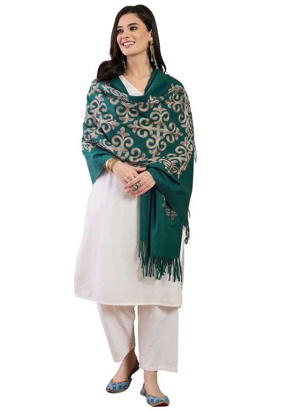 Dark Teal Aari Work Shawl-image-4