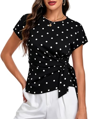 Image of HOTIAN Womens Cap Sleeve T Shirts 2026 Tie Waist Wrap Tops Crew Neck Blouses Dressy Casual Loose Work Business Dressy