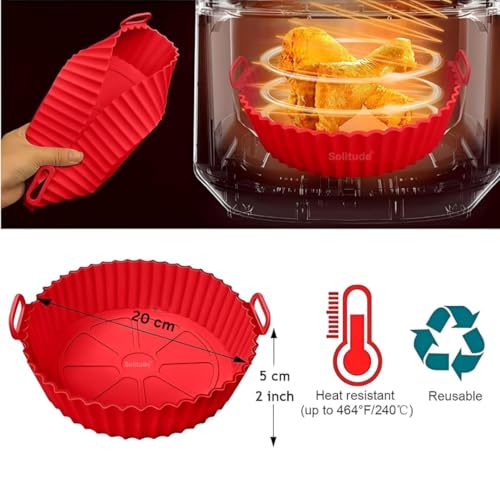Image of Solitude 2 Pcs Air Fryer Liners I Round Silicone Basket Baking Tray I Pot with Ear Handles I Nonstick Reusable Heat Resistant I Cooking Oven Insert Accessories - Multicolor (8 Inch)