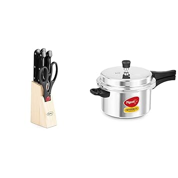 Pigeon by Stove Kraft Shears Kitchen Knifes 6 Piece Set with Wooden Block & Favourite Induction Base Aluminium Pressure Cooker with Outer Lid, 5 litres, Silver