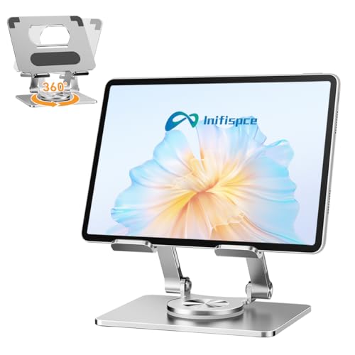 Image of iPad Holder Stand, Tablet Holder with Thickened 360 Rotating Base Dual Rod Adjustable Aluminum Stand for All 4-12.9'' iPad Surface Samsung Phone Tablet Kindle E-Reader and More, Silver