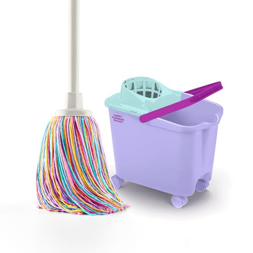 Happy Rainbow - Fregona con Cubo Escurridor de 14L y Ruedas Giratorias Set de Limpieza Sostenible con Microfibra Reciclada Ideal para Hogar y Suelos