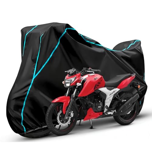 Image of Waterproof Bike Body Cover Compatible with Tvs Apache RTR 160 Dustproof Scratchproof - Motorcycle Cover for Two Wheeler, Outdoor Full Cover with UV, Duty, Rain Protection (Black & Aqua) R1