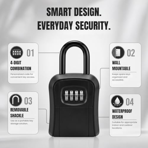 Image of Karomouj 4-Digit Password Key Safe | Waterproof Wall-Mounted Lock Box | Secure Spare Key Storage Holder for Home, Garage, Office, Garden & Outdoor Areas, Portable Design | 1 Pack | Silver