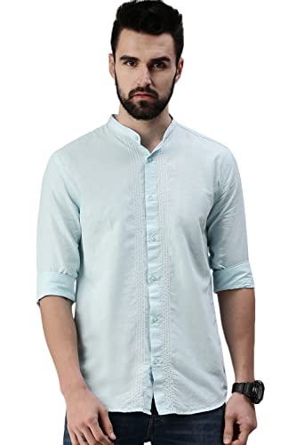 Image of SHOWOFFFF Men Solid Casual Shirt | Mandarin Collar Full Sleeves Cotton Shirt for Mens | Slim Fit Regular Length Shirt for Men's