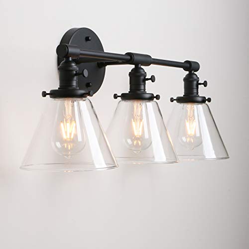 Image of Permo Vintage Industrial Antique Three-Light Wall Sconces with Funnel Flared Clear Glass Shade (Black)