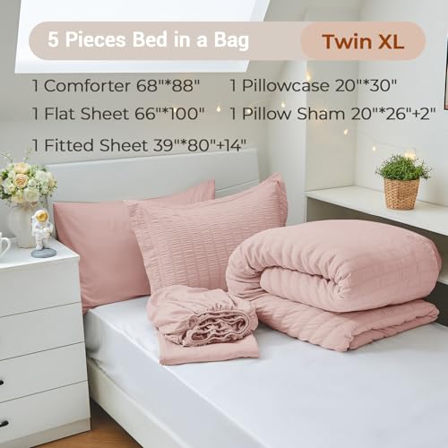 Image of MUXHOMO 5 Pieces Twin XL Comforter Set, Seersucker Bed in a Bag Twin XL Size, All Season Luxury Bedding Set with Comforter, Flat Sheet, Fitted Sheet, Pillowcase & Sham, Rose Gold