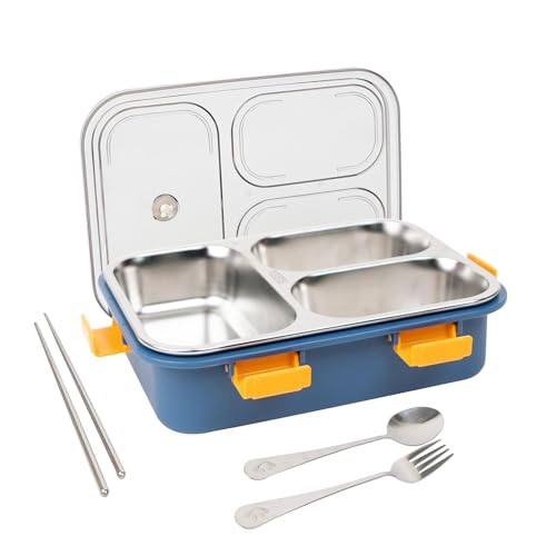 Image of Techno Buzz Deal Stainless Steel Bento Lunch Box, 3 Compartments, with Spoon, Fork and Chopsticks (Multi Color)
