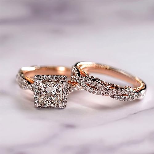 CEJUG 2.3Ct Halo Princess Cubic Zirconia Bridal Ring Set Engagement Wedding Rings for Women 18K Gold Plated Size 6-104