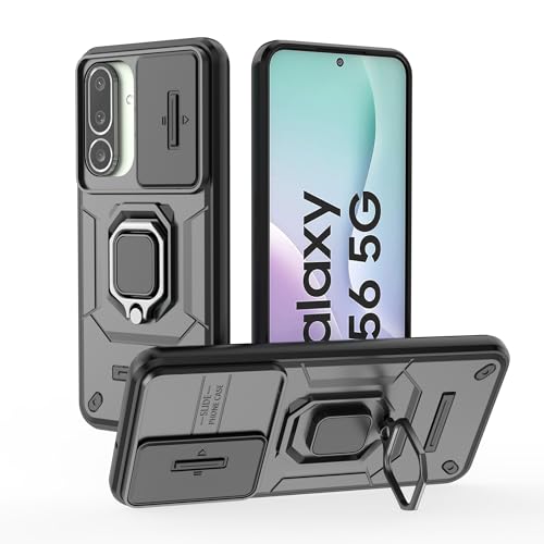 Image of Heavy Duty Armor Back Case Cover for Samsung Galaxy M56 5G - Magnetic Kickstand Ring with Camera Shutter Protection, Rugged Bumper Hard Back Cover for Samsung M56 5G (PC & TPU|Black)
