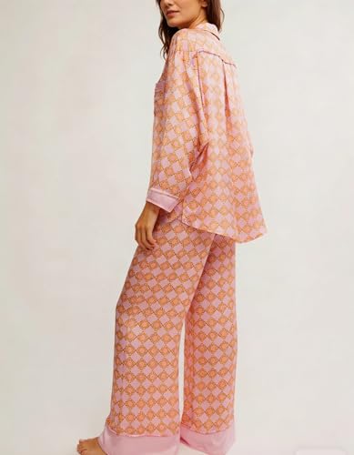Image of Women Satin Pajama Set Floral Silk Pajamas 2 Piece Lounge Sets Button Down Shirts Wide Leg Pants Pjs Sleepwear