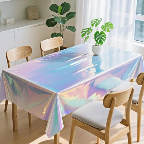 Image of 2 Pack Iridescent Tablecloth, 54 inch x 108 inch Birthday Party Table Cloths Iridescence Plastic Disposable Table Covers Iridescent Party Decorations, Birthday Decor Tablecloth for Buffet Table