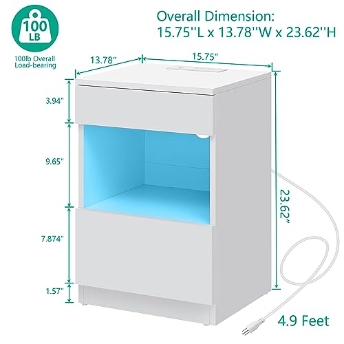 HOMMPA Open Shelf LED Nightstand with Charging Station 2 Drawers Bedside Table White Night Stand with Storage Smart Nightstands High Gloss Night Table with Led Light for Bedroom Furniture - Thumbnail 2