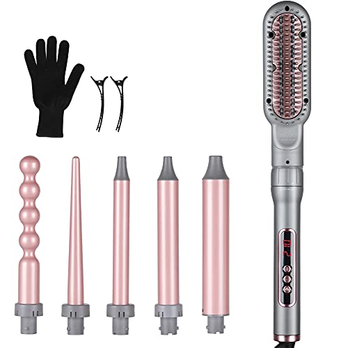Curling Iron, Curling Wand Set with Hair Straightener Brush, Professional Hair Curler with 6 Interchangeable Ceramic Barrels, 60 Min Auto Off Hair Iron with Heat Resistant Glove, 2 Clip…