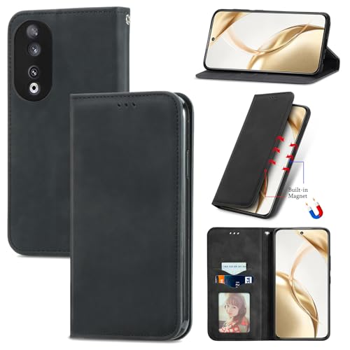Cracedily Handyhülle für Honor 90 Hülle Klapphülle Premium Lederhülle Klappbar Flip Case Tasche Magnet Kartenfach Standfunktion Klapphülle Schutzhülle für Honor 90 5G Schwarz