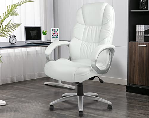 Ergonomic Office Chair, PU Leather High Back Office Chairs with Wheels and Arms, Adjustable Height Comfortable Executive Chair Home Office Desk Chair, 90-120 Degree Tilt, 250 Lbs Load, White