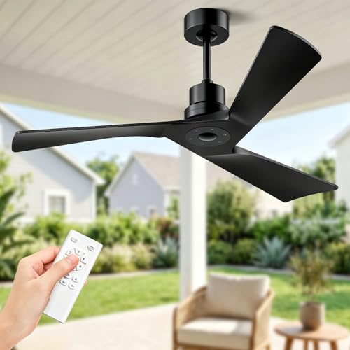 Image of Obabala Ceiling Fan 52 Inch with Remote, Solid Wood Blades DC Motor 5000 CFM Quiet 35dB, Reversible 6 Speed Modern Farmhouse for Bedroom Living Room Indoor Outdoor, No Light with Downrod