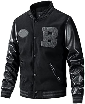DYGUYTH Mens Varsity College Jacket Baseball,Classic Color Block Raglan Bomber Jackets Button Casual Slim Fit Sports Outwear Black XL