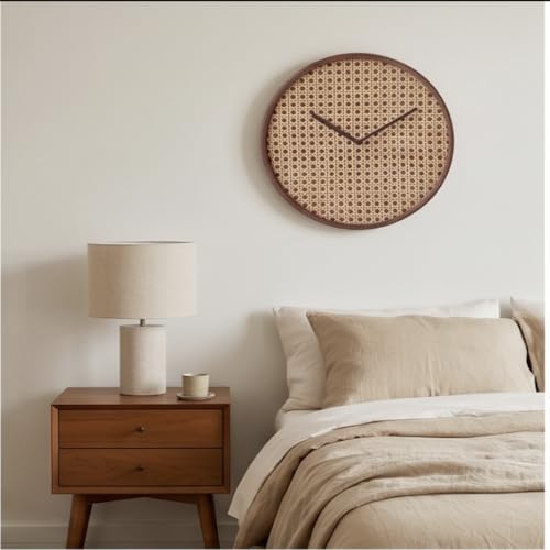 Image of The Artment your artistic apartment Brown CaneHalo Clock Natural Cane Weave Wall Clock, Silent Quartz Movement, Wooden Frame Minimalist Round Clock for Living Room, Bedroom, Office Decor