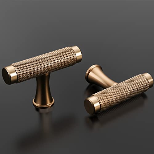 Amerdeco 10 Pack Champagne Bronze Cabinet Knobs 2 Inch Length Single Hole T Bar Champagne Gold Knurled Cabinet Pulls For Drawer Dresser Cupboard Zh0022 #TOP1