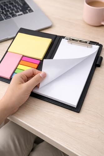 Image of AccuPrints Premium Leather Note Pad /Memo Book | Size 19 x 11 cm | with Sticky Notes & Clip Holder with Pen for Gifting Multi Size Sticky Notes Diary Style