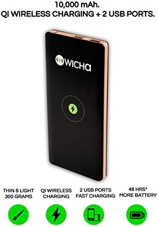 WICHA Wireless Portable Power Bank - 10000mAh External Battery with QI Wireless Charging 10000mAh Support for iPhone X, iPhone 8, Samsung Galaxy and More.