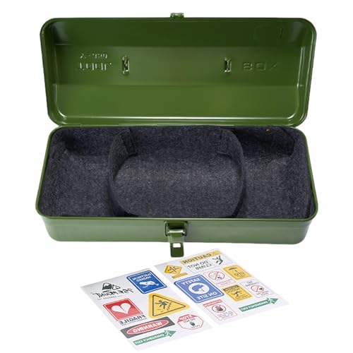 Caja de almacenamiento portátil de metal, caja de herramientas de camping al aire libre, maleta portátil compacta de hierro con calcomanías