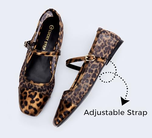 LUCKY STEP Women's Mesh Buckle Flats Mary Jane Square Toe Ballet Dress Adjustable Strap Block Heel Casual Daily Formal Wedding Shoes3
