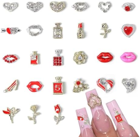 27Pcs Valentine's Day 3D Nail Charms Press ON Nails Heart Nail Rh...