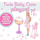 Toyland® Twin Baby Care Fashion Doll Playset - 1 Doll, 2 Babies, 1 Rocking Cot, 1 High Chair & 11 Accessories Included - Girls Toys - Image 2