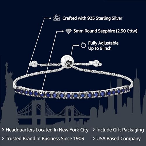 Gem Stone King 2.50 Cttw Blue Sapphire Tennis Bracelet For Women In 925 Sterling Silver | Gemstone Birthstone | Adjustable Bolo Bracelet For Women | Easy-On Easy-Off2