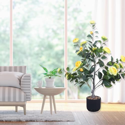 Garveehome 2Pcs 3ft Artificial Camellia Tree, Faux Camellia Plant in Pot with Realistic Flowers Decorative Floor Plant for Indoor Outdoor Home Office Living Room Decor Housewarming Gift