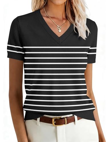 Image of ANRABESS Women Wool Blend Sweater Summer 2026 Short Sleeve V Neck Pullover Top Business Casual Outfit Beach Vacation Clothes