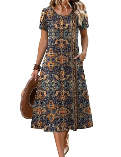 Zeagoo Casual Midi Dresses for Women Brown Floral Dress Casual