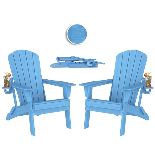 Folding Adirondack Chair, SGS Tested, Wooden Textured with Cup Holder, Heavy All-Weather HDPE Comfortable Set Poolside Backyard Lawn Aruba Blue Aruba Blue Folding Cupholder set of 2