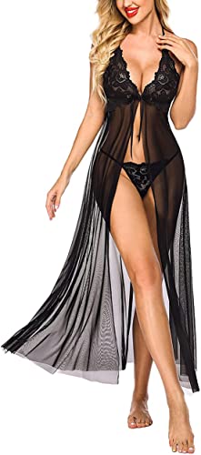 Image of BROIDEN Women's Net Lace Long Babydoll Lingerie for Honeymoon Nightwear