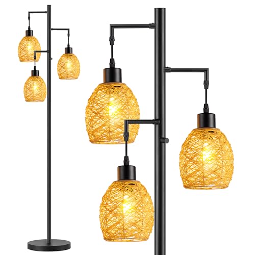 Image of SUNMORY Dimmable Floor Lamp, 68 Inch Tall Lamps for Living Room, Standing Lamp with 3 x 6w LED Bulbs, Tree Lamp, Farmhouse Industrial Floor Lamp for Bedroom, Office, Black & Rattan Shade