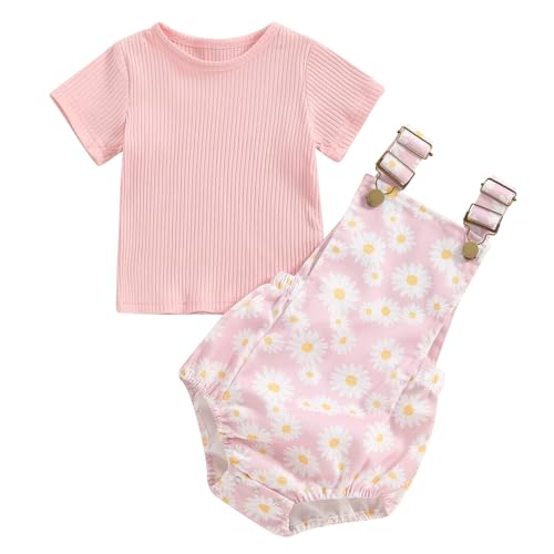 Image of Lesimsam Newborn Baby Girl Clothes Ribbed Short Sleeve T-Shirt Daisy Suspender Overall Shorts Set Cute Infant Summer Outfits (A-Pink, 6-12 Months)