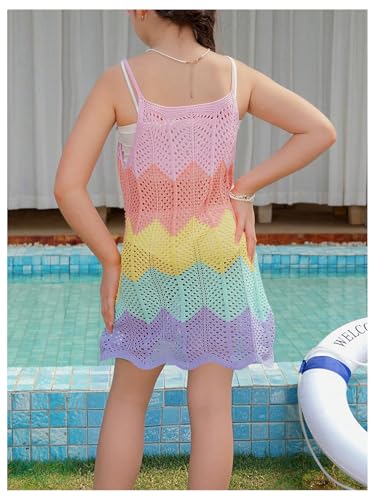 SHENHE Girl's Swimsuit Coverups Hollow Out Knitted Color Block Beach Sundress Cover Up2