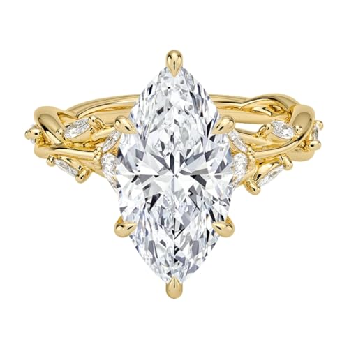 WENOOR 5 Carat Yellow Gold Marquise Cut Moissanite Engagement Ring, Secret Garden, Nature-Inspired Wedding Ring, Solid 10K/14K/18K Gold Anniversary Promise Ring for Her