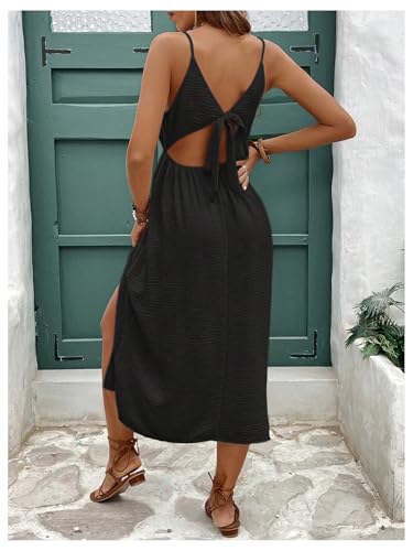 Image of SweatyRocks Women's Tie Backless Split Midi Dresses Sleeveless V Neck Textured Summer Dress